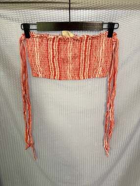 b. Red and White Striped Smocked Tube Top with Tie Sides